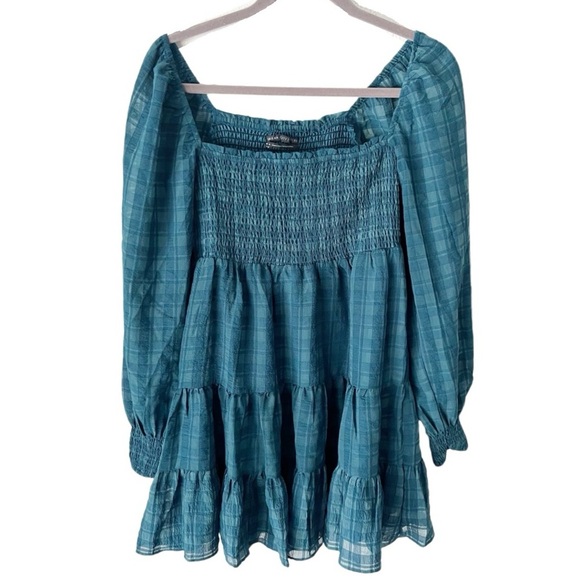 Urban Outfitters Dress Medium River Smocked Long Sleeve Blue Gingham Mini - Picture 1 of 6